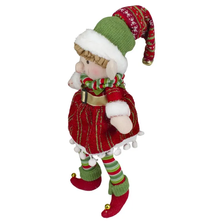 14" Red and Green Plush Jingle Bell Girl Elf Christmas Figure