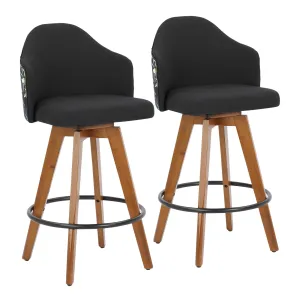 Ahoy Contemporary Fixed-Height Counter Stool with Walnut Bamboo Legs with Black Fabric Seat and Floral Print Accent - Set of 2