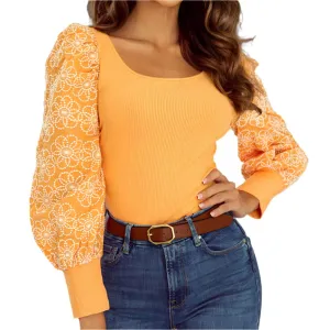 Black Flower Puff Sleeve Ribbed Knit Top