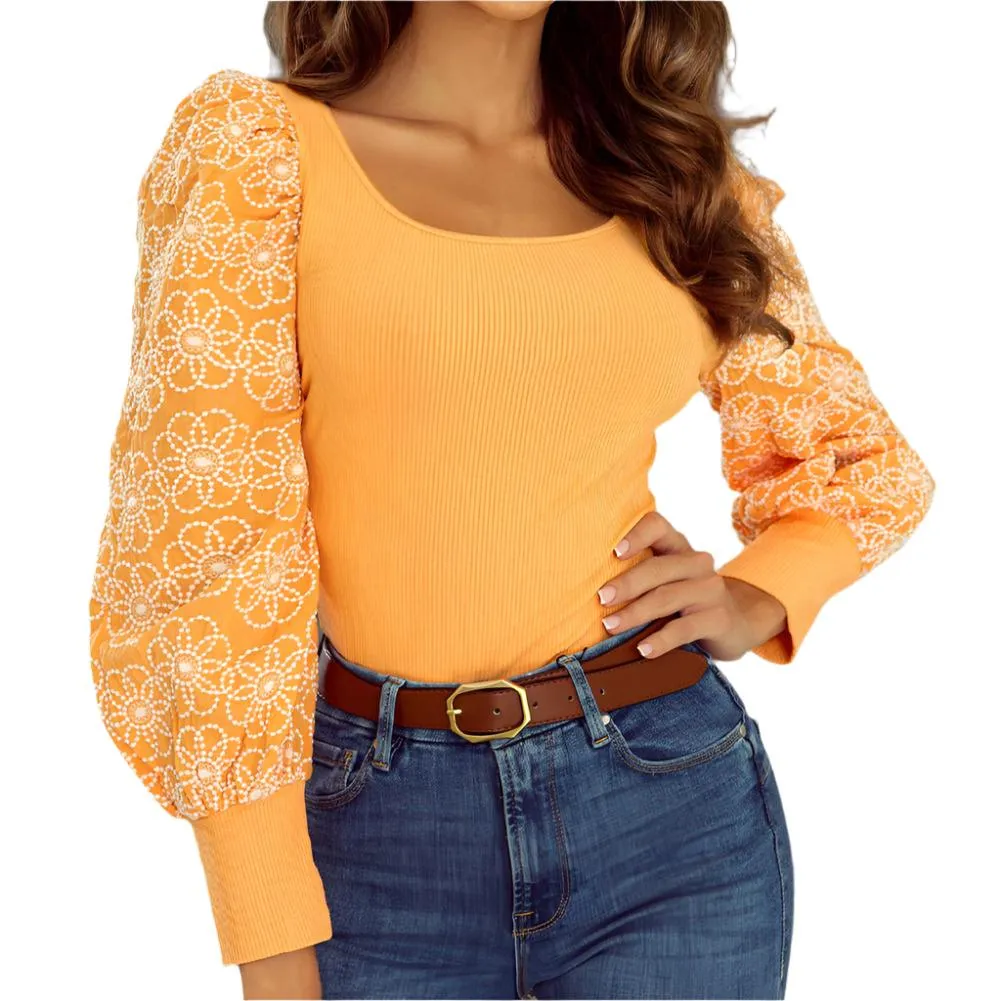Black Flower Puff Sleeve Ribbed Knit Top