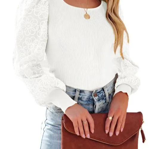 Black Flower Puff Sleeve Ribbed Knit Top