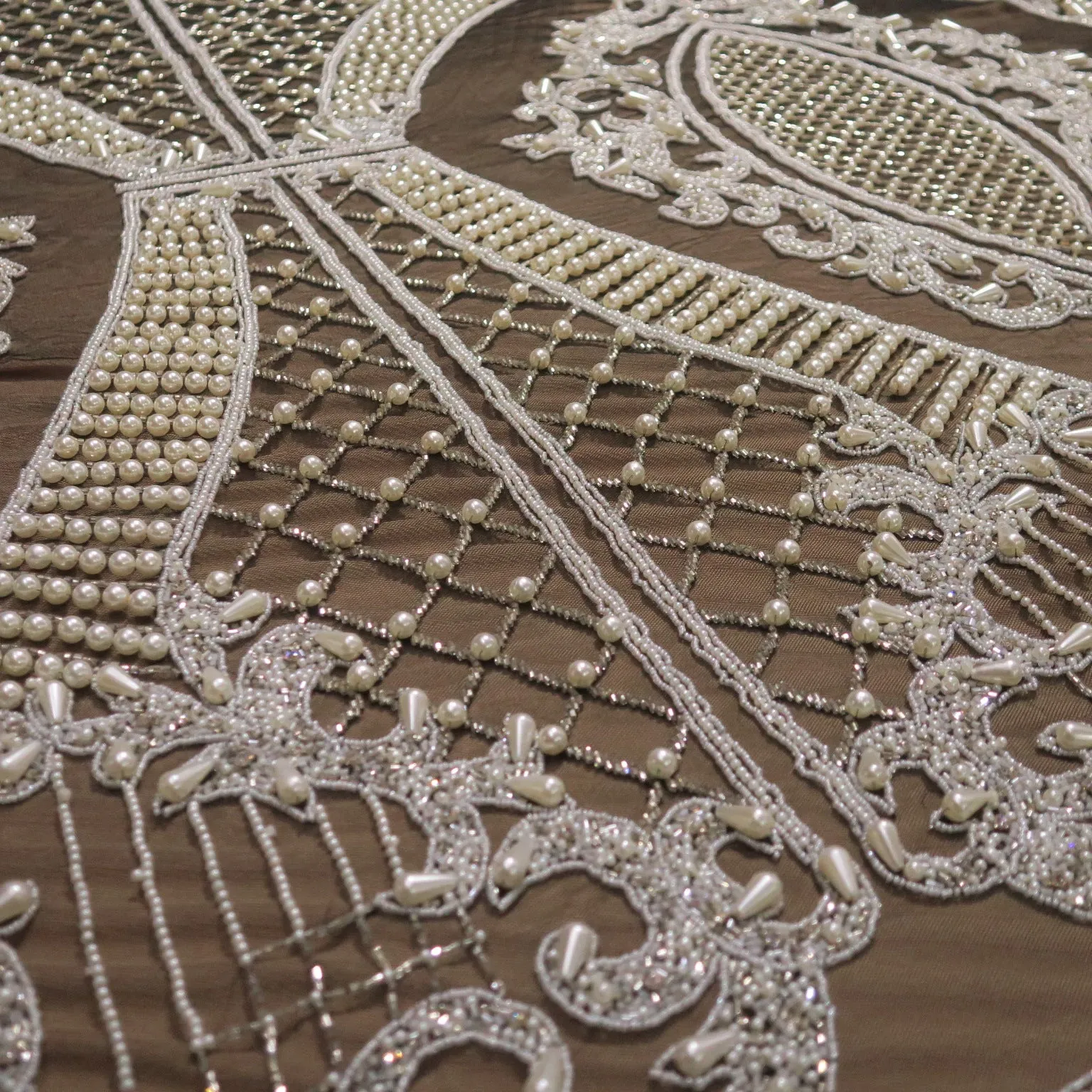 Black Tulle with White Arabesque and Lattice Embroidered Fabric
