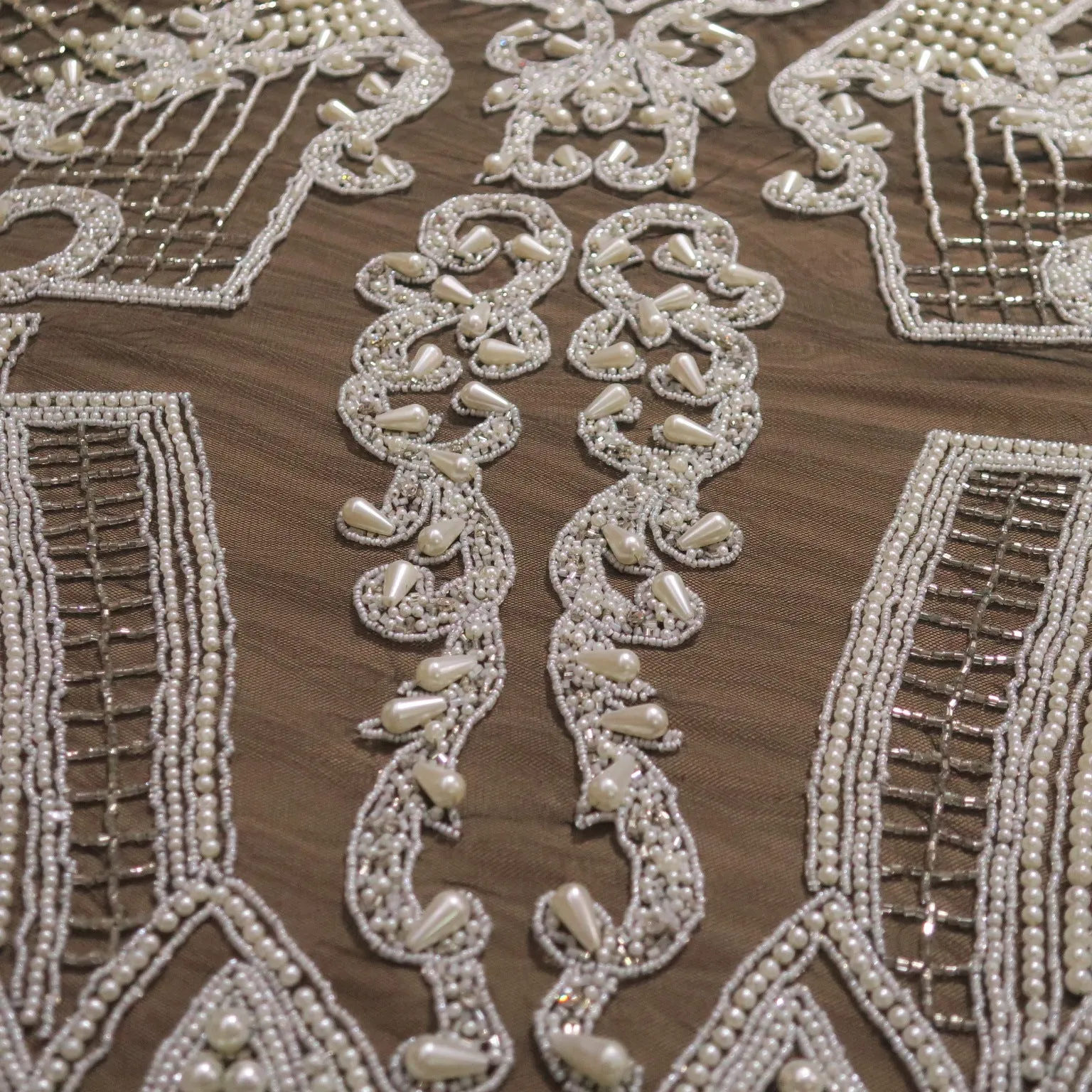 Black Tulle with White Arabesque and Lattice Embroidered Fabric