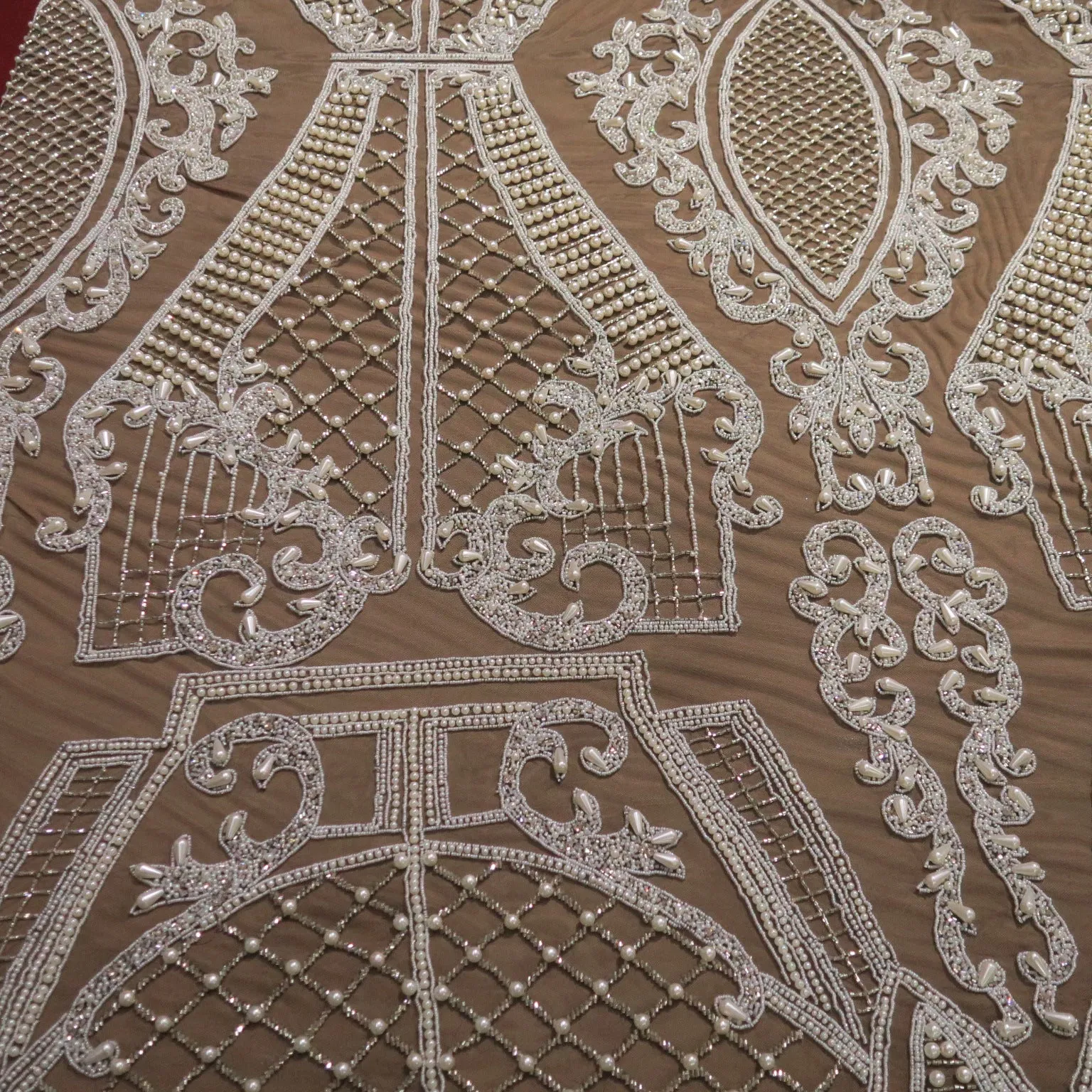 Black Tulle with White Arabesque and Lattice Embroidered Fabric