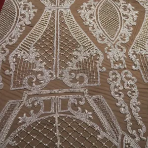 Black Tulle with White Arabesque and Lattice Embroidered Fabric
