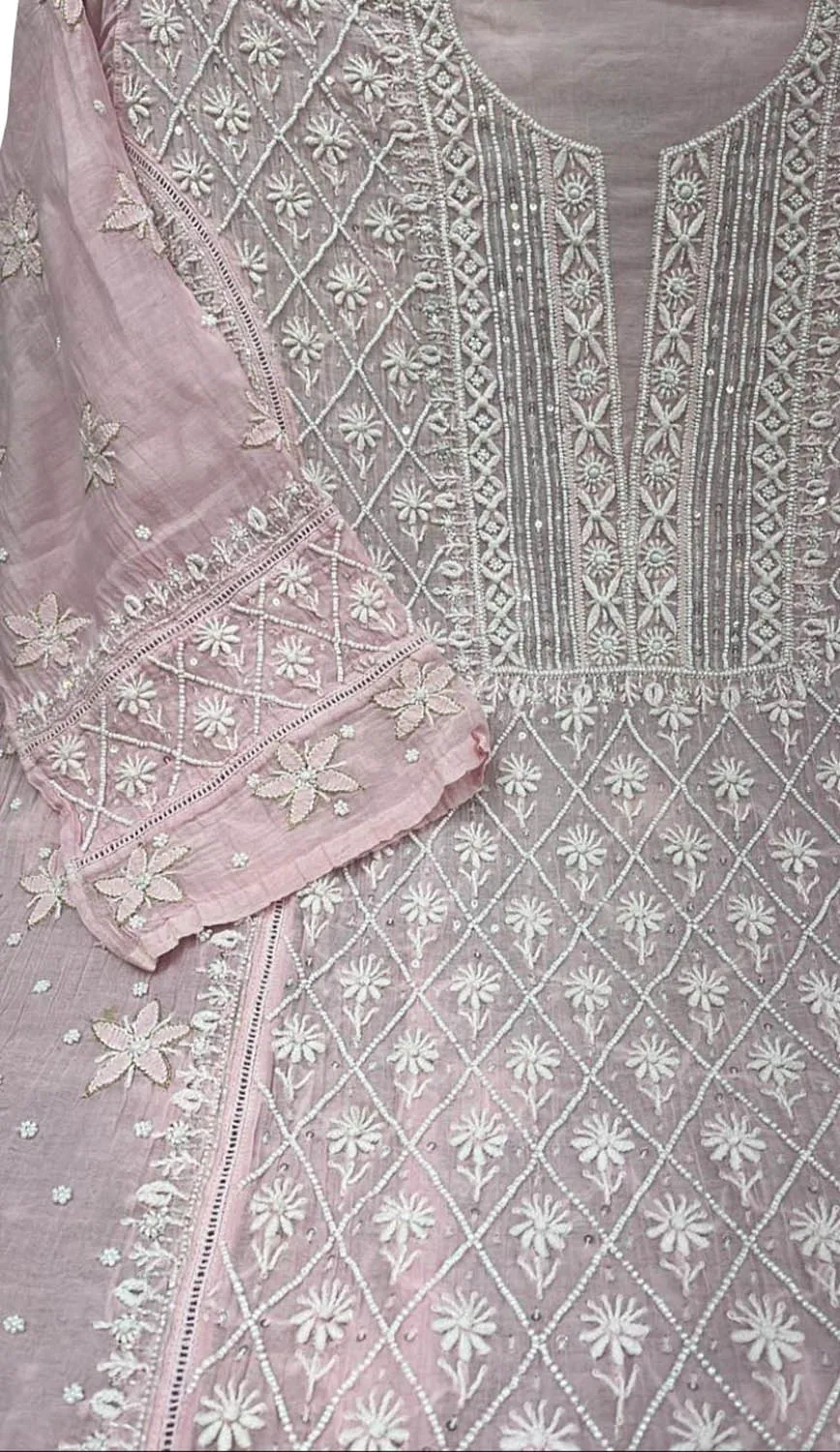 Chic Pink Chikankari Silk Suit Set with Beads & Sequins