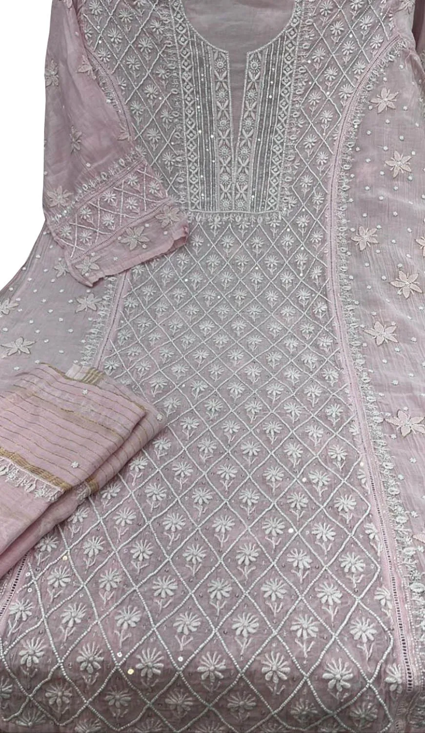 Chic Pink Chikankari Silk Suit Set with Beads & Sequins