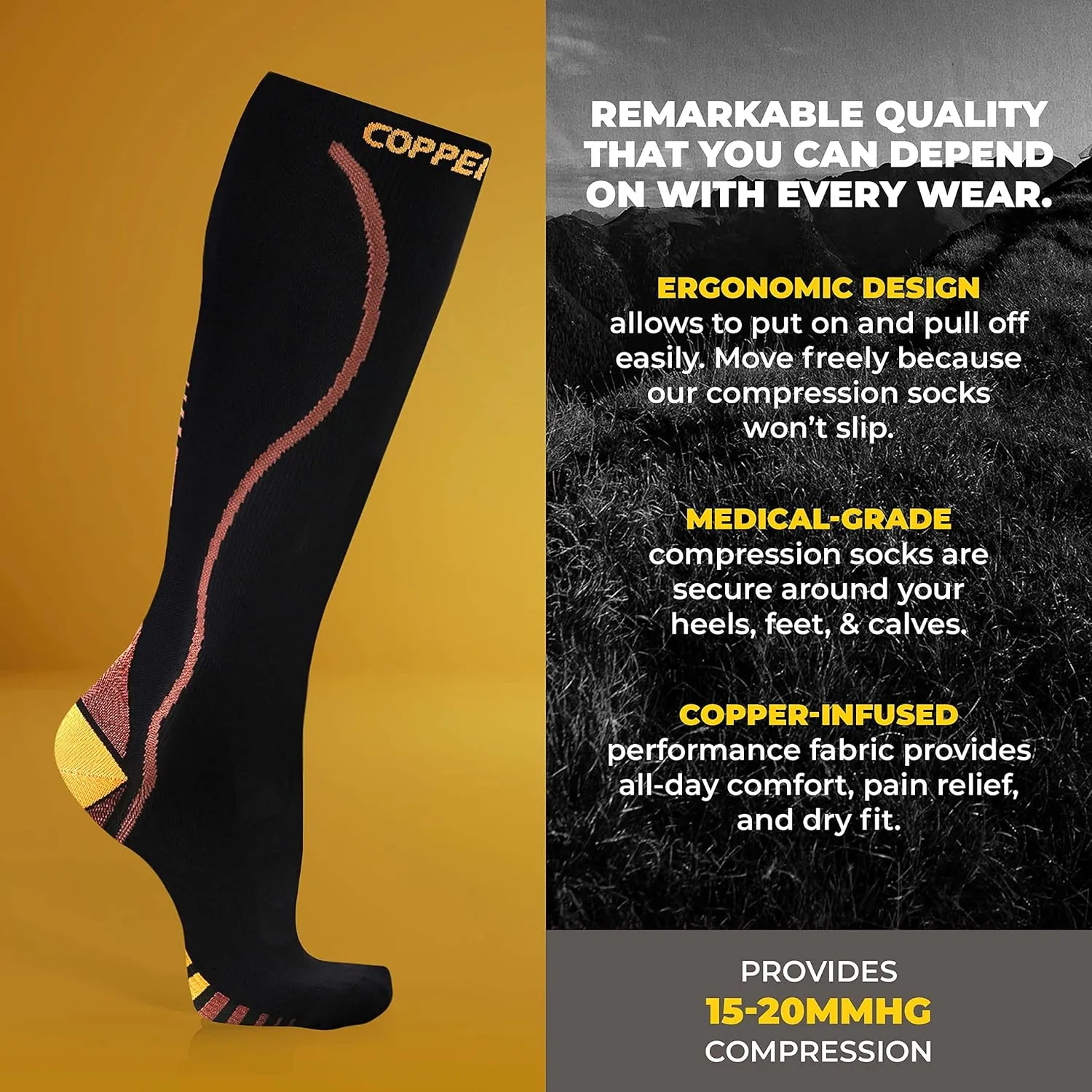 CopperJoint Athletic Compression Socks for Men & Women - Copper Infused Sock, Easy-On Black Copper Compression Socks Men Knee Length for Sports, Running, Basketball, Travel Support, Small - Medium