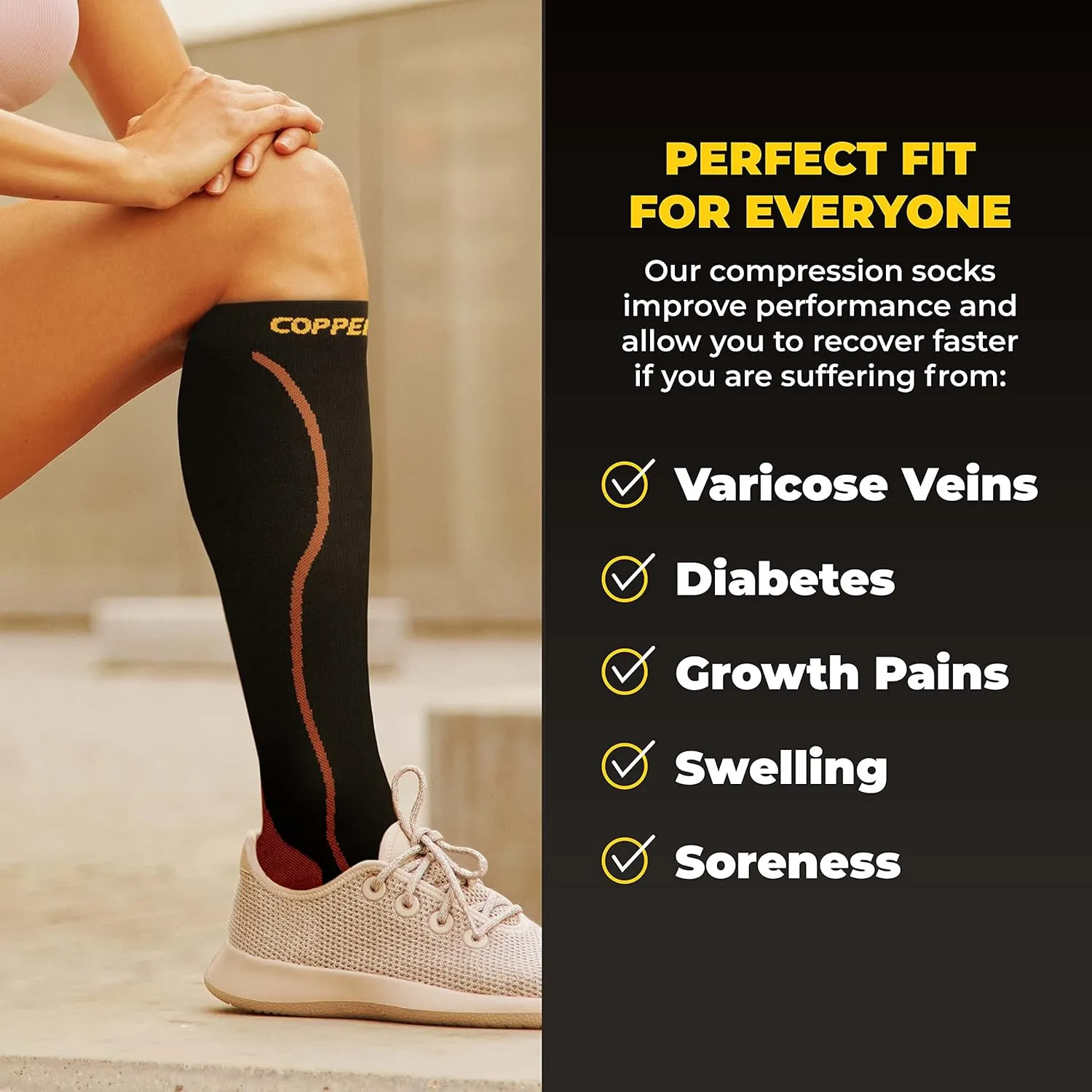 CopperJoint Athletic Compression Socks for Men & Women - Copper Infused Sock, Easy-On Black Copper Compression Socks Men Knee Length for Sports, Running, Basketball, Travel Support, Small - Medium