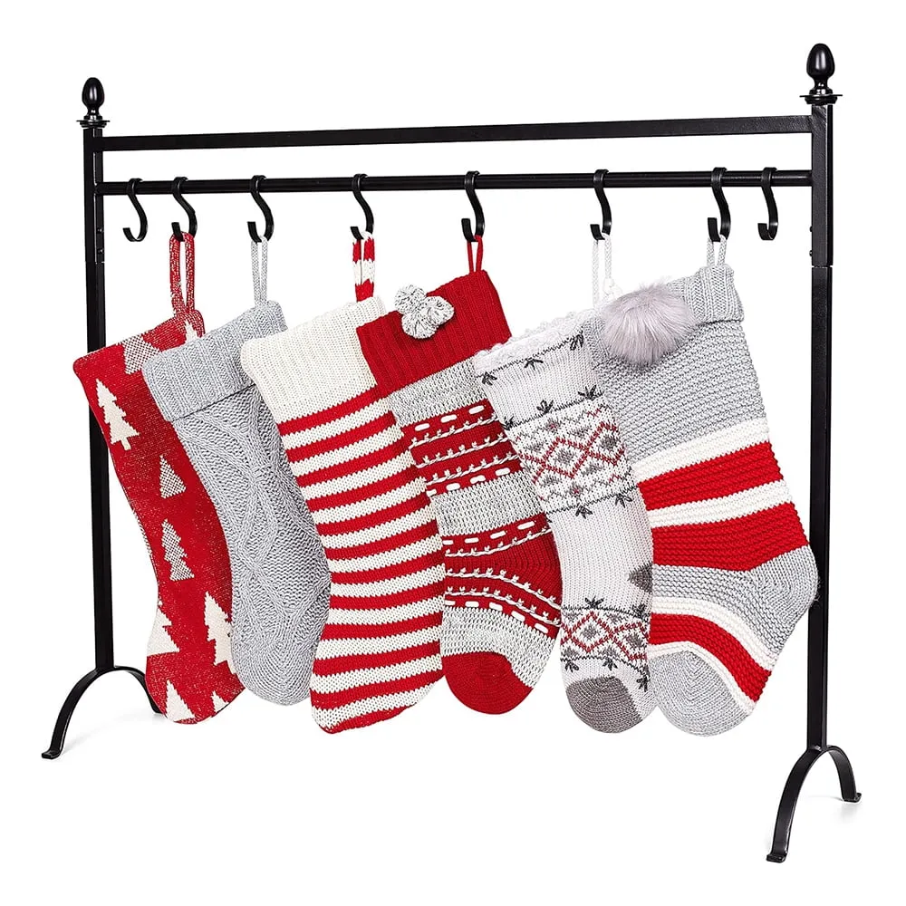 cozy 8 Hook Deluxe Christmas Stocking Holder Stand for Floor | Heavy Duty Freestanding Rack | Iron Metal with Sturdy Base: 41â Long x 35â Height x 11â Wide | Holiday Decor Hanger | Black