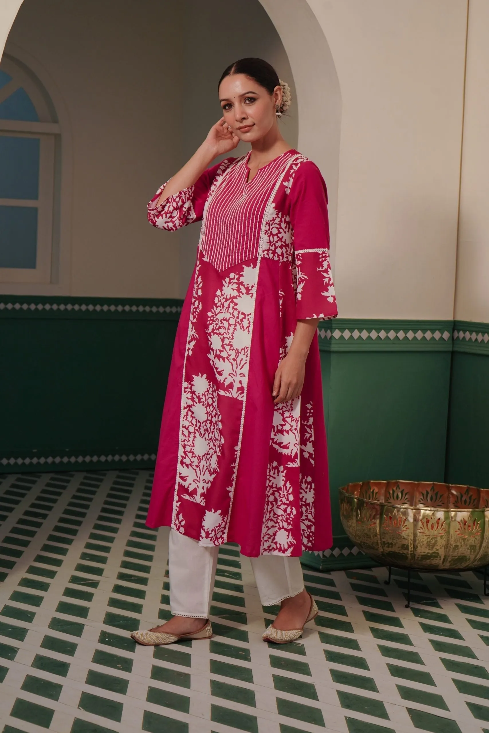 Cranberry Charm Kurta with hand embroidered beadwork yoke for women