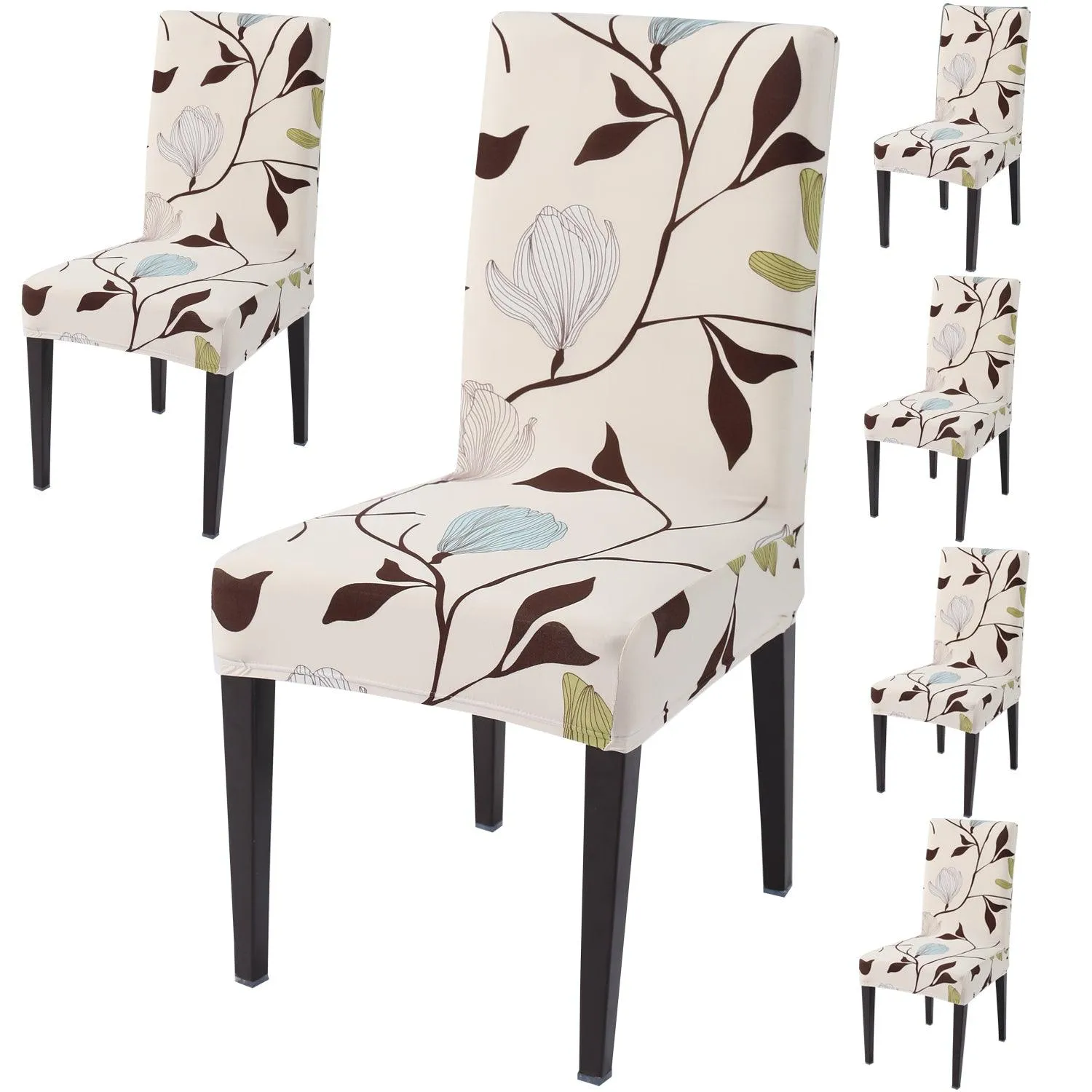 Elastic Stretchable Dining Chair Cover, Beige Brown Leaves