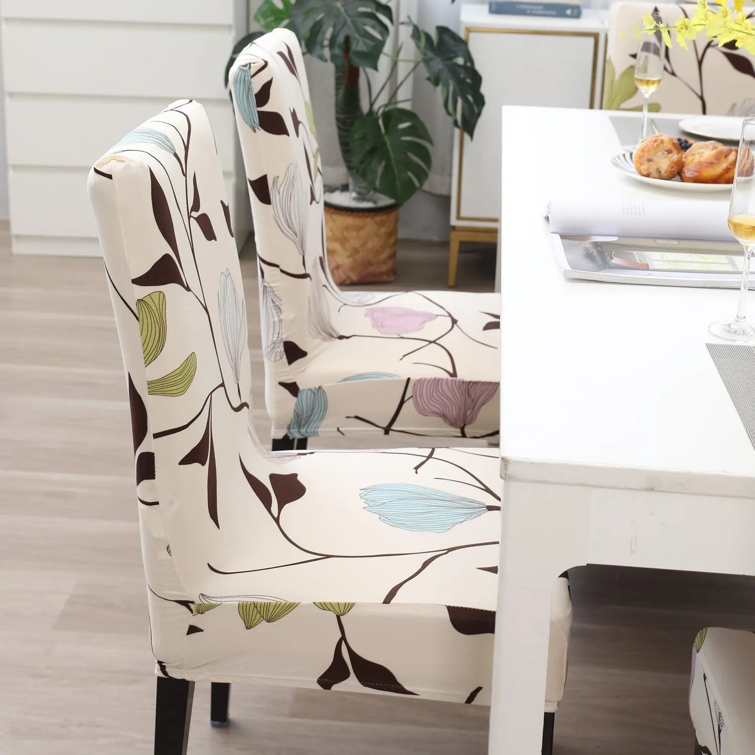 Elastic Stretchable Dining Chair Cover, Beige Brown Leaves