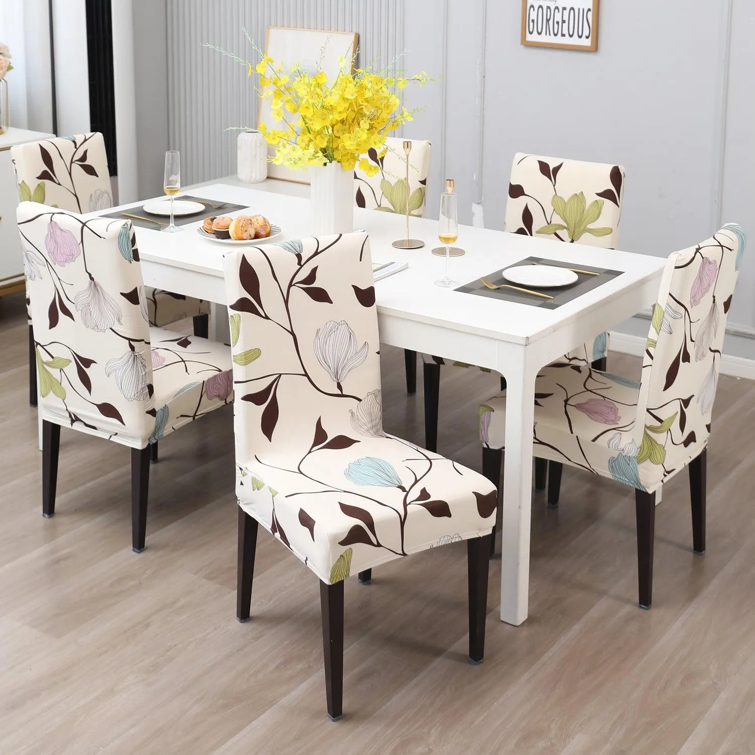 Elastic Stretchable Dining Chair Cover, Beige Brown Leaves