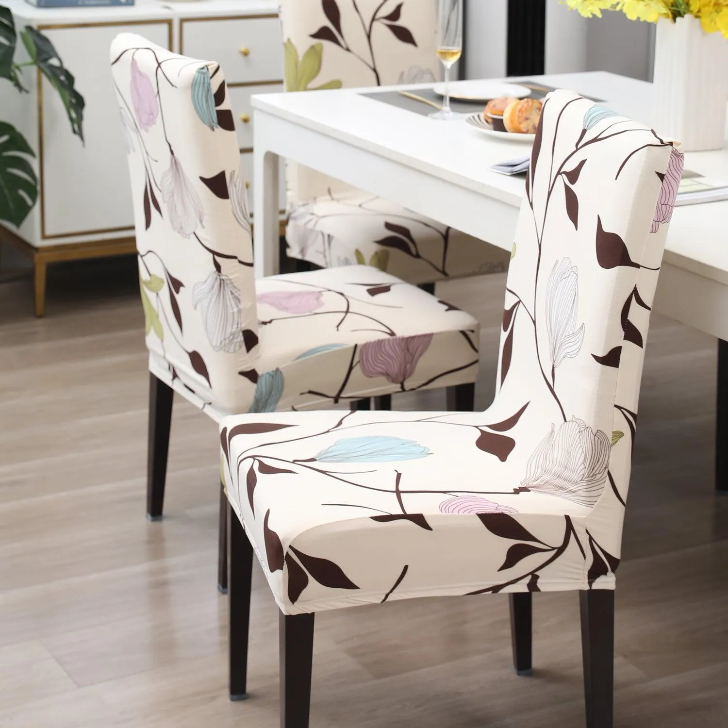 Elastic Stretchable Dining Chair Cover, Beige Brown Leaves