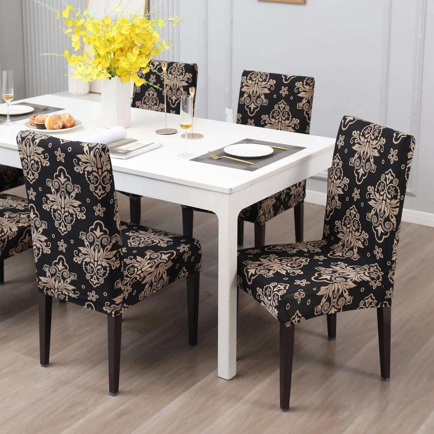 Elastic Stretchable Dining Chair Cover, Black Damask