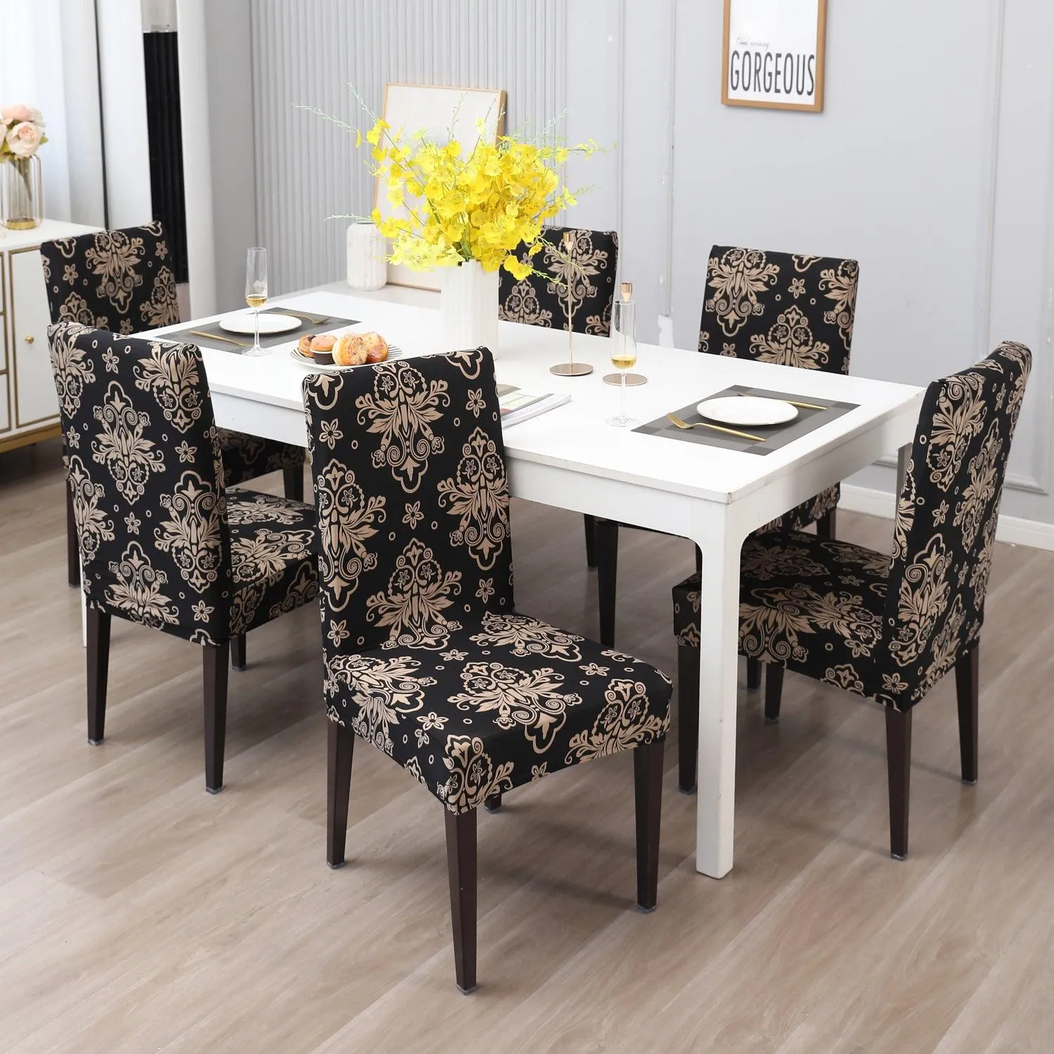 Elastic Stretchable Dining Chair Cover, Black Damask