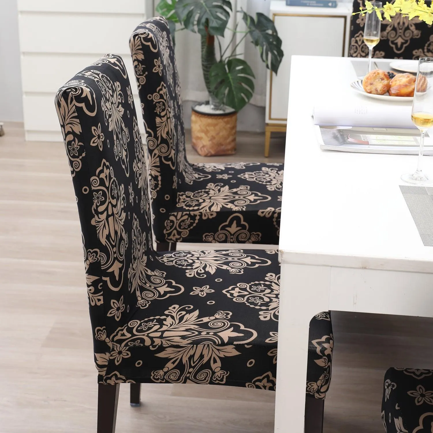 Elastic Stretchable Dining Chair Cover, Black Damask