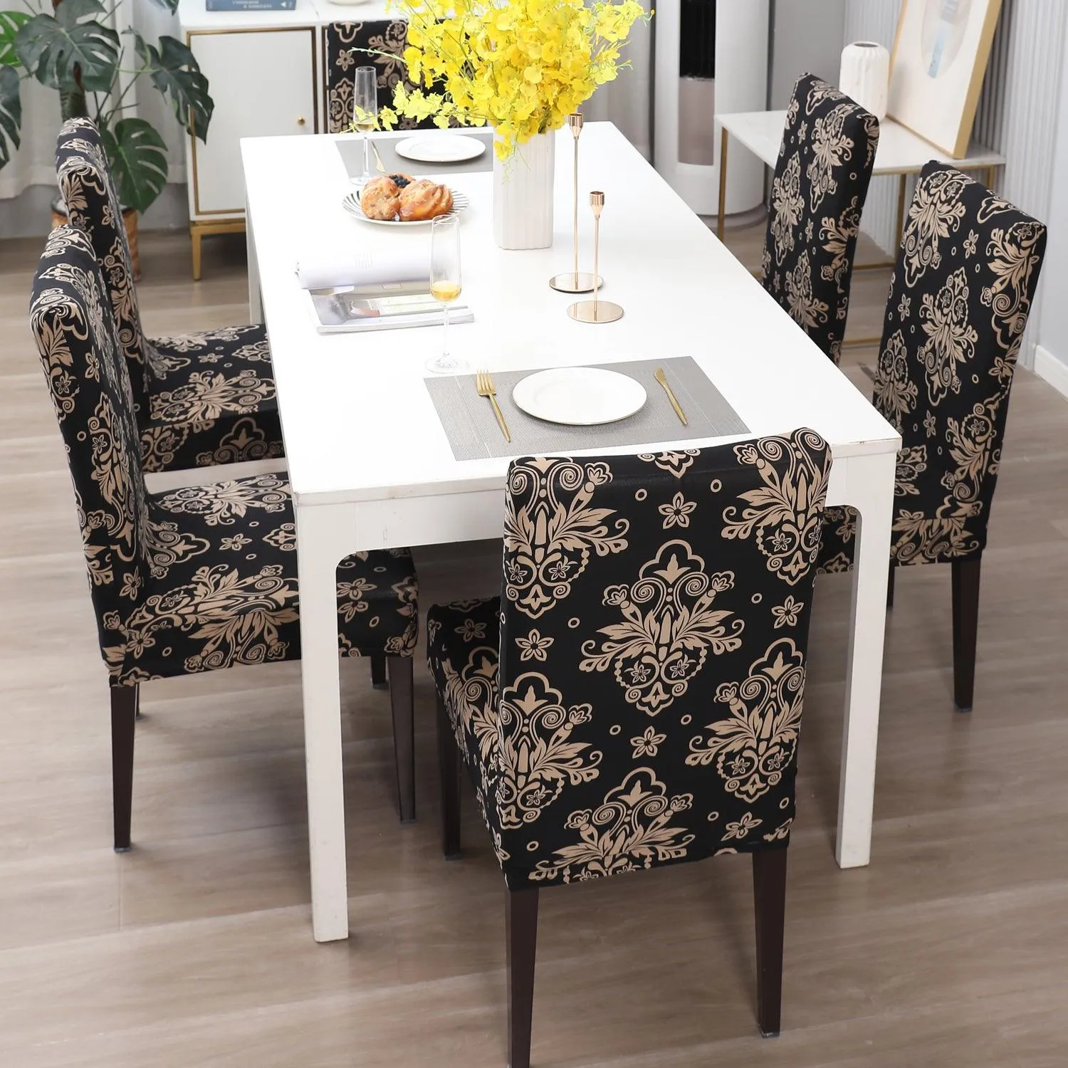 Elastic Stretchable Dining Chair Cover, Black Damask