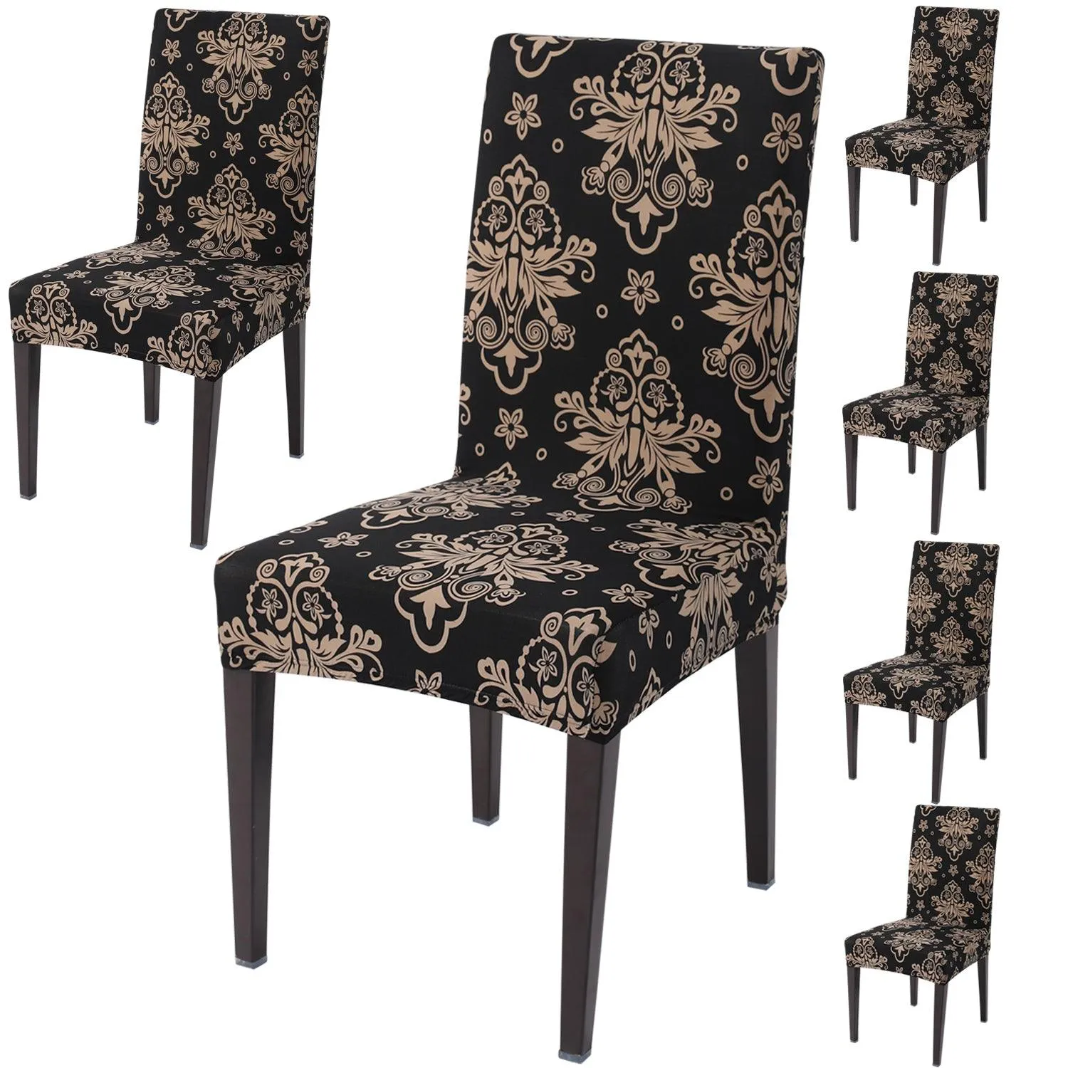 Elastic Stretchable Dining Chair Cover, Black Damask