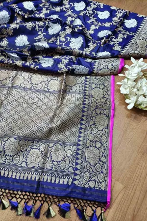 Elegant Blue Banarasi Katan Silk Saree with Jaal Work