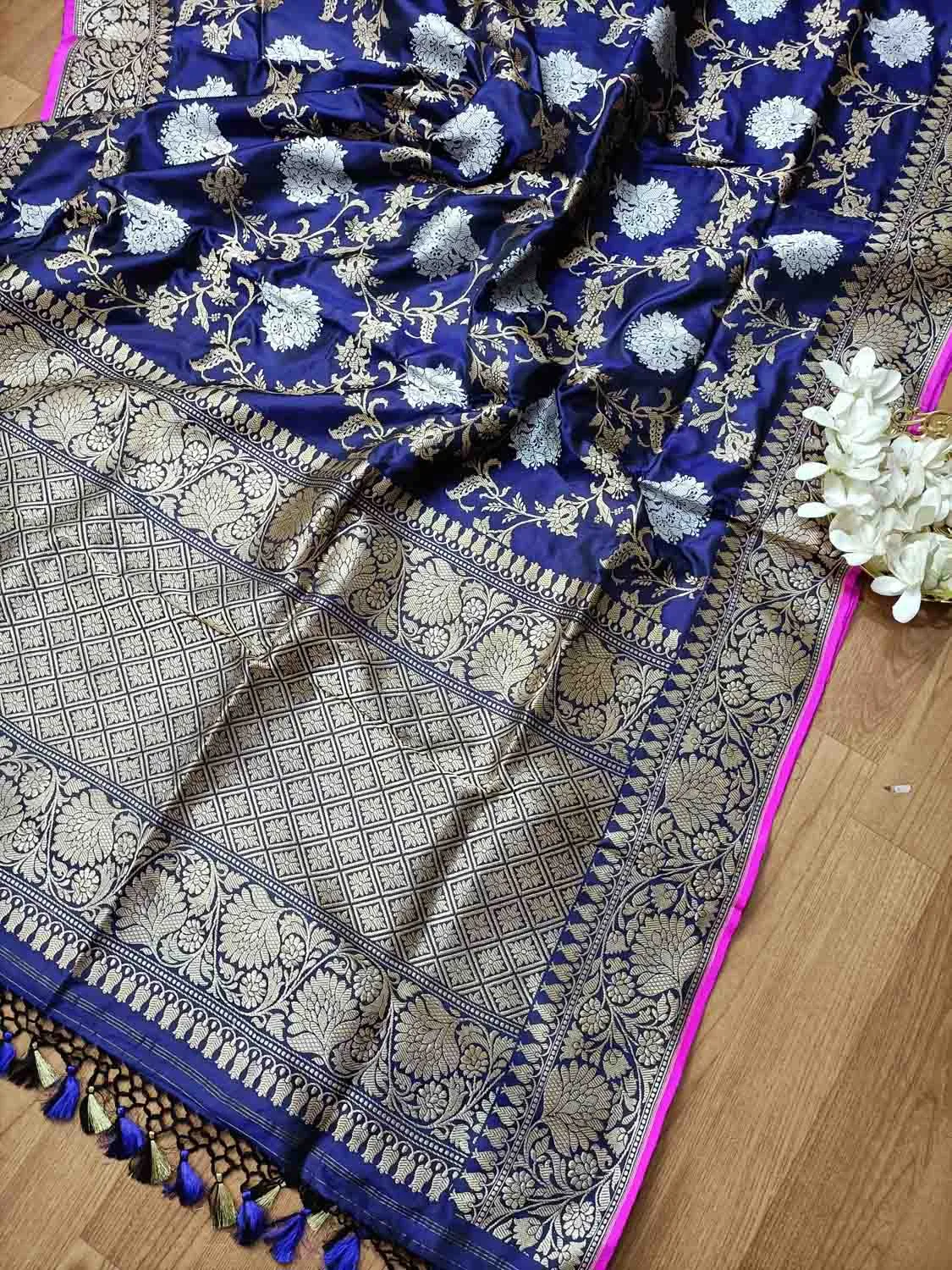 Elegant Blue Banarasi Katan Silk Saree with Jaal Work
