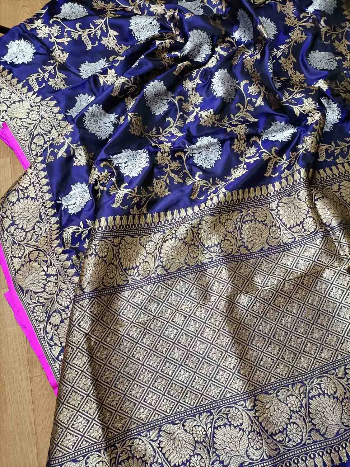 Elegant Blue Banarasi Katan Silk Saree with Jaal Work