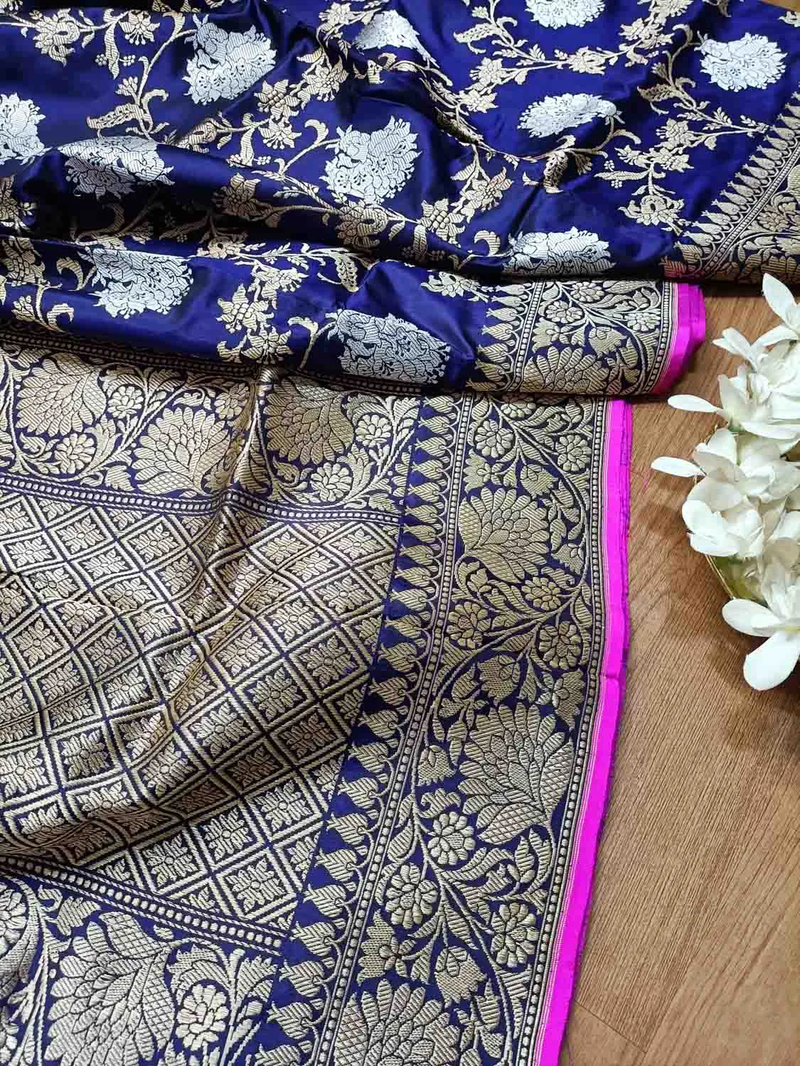 Elegant Blue Banarasi Katan Silk Saree with Jaal Work