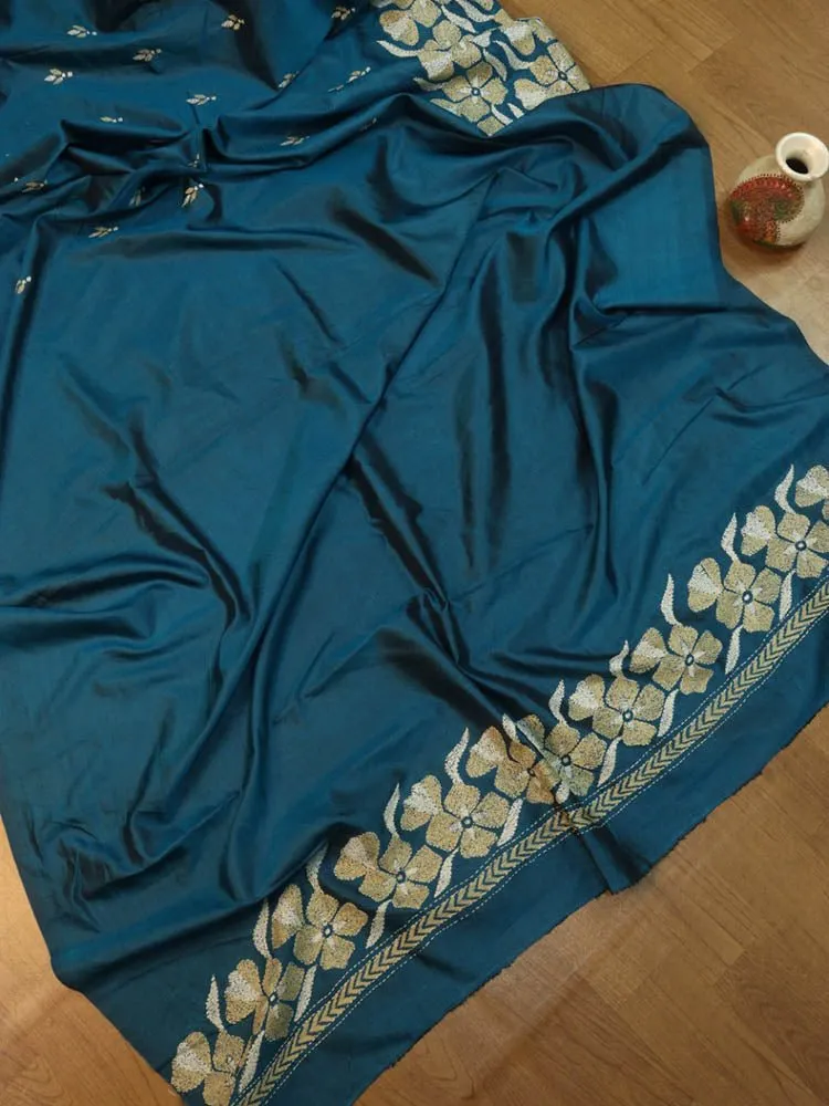 Exquisite Blue Kantha Silk Saree with Hand Embroidery