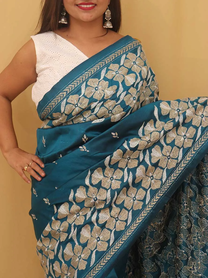 Exquisite Blue Kantha Silk Saree with Hand Embroidery