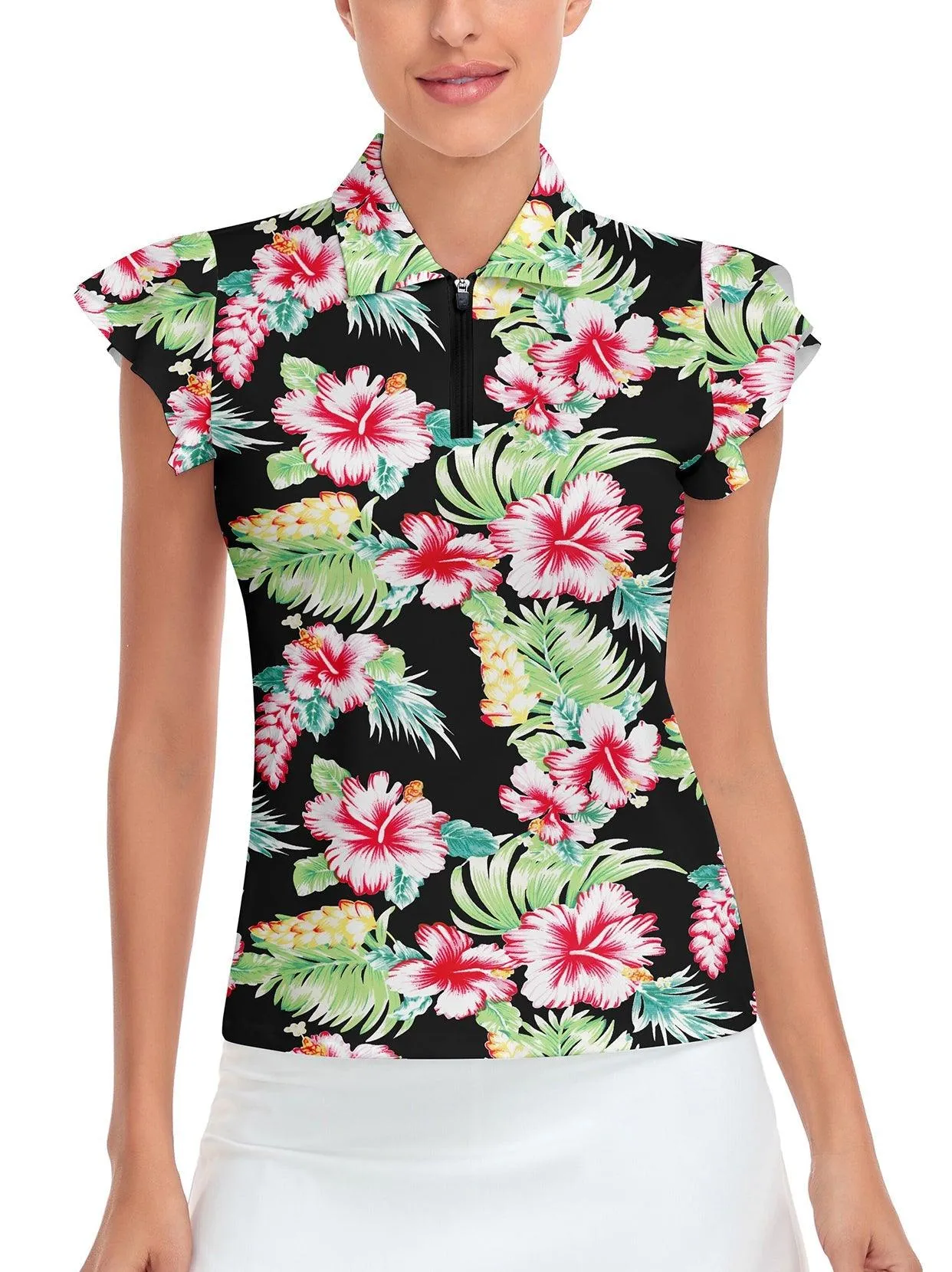 Floral Print Ruffle Sleeve Golf Shirt For Women