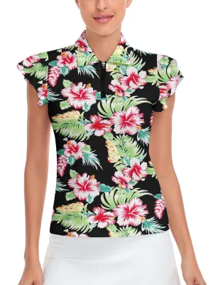 Floral Print Ruffle Sleeve Golf Shirt For Women