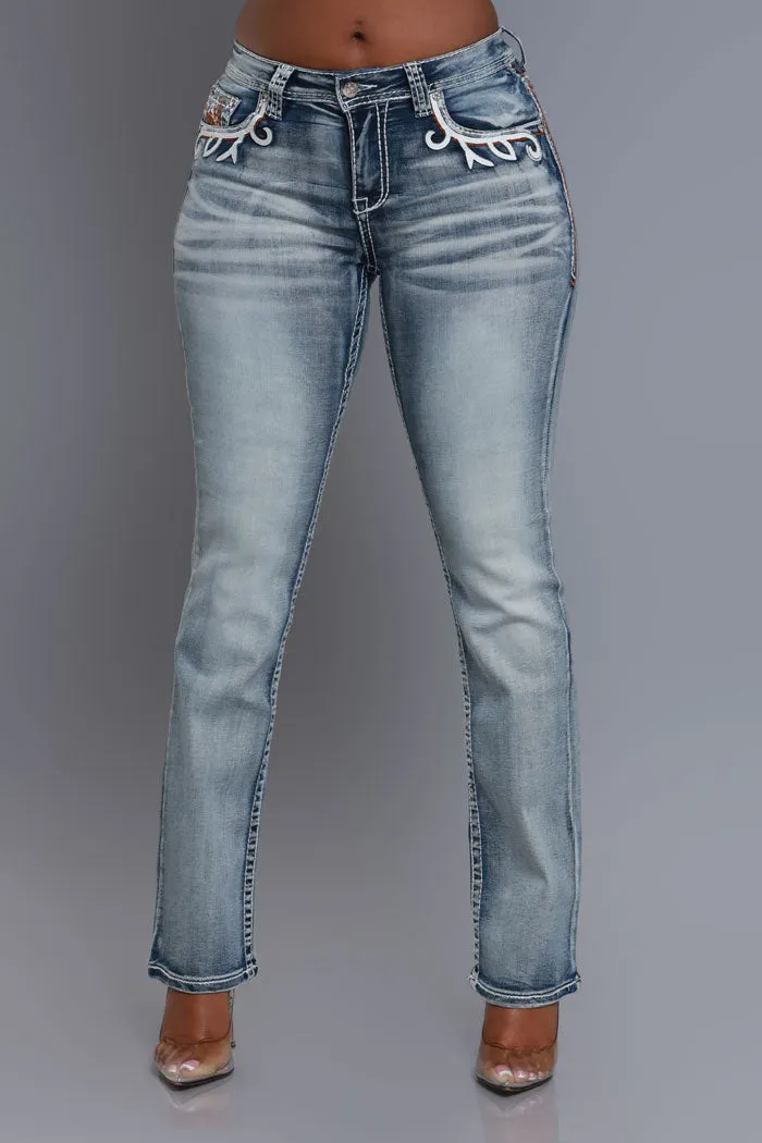 Get Rowdy High Rise Embroidered Straight Leg Jeans - Light Wash