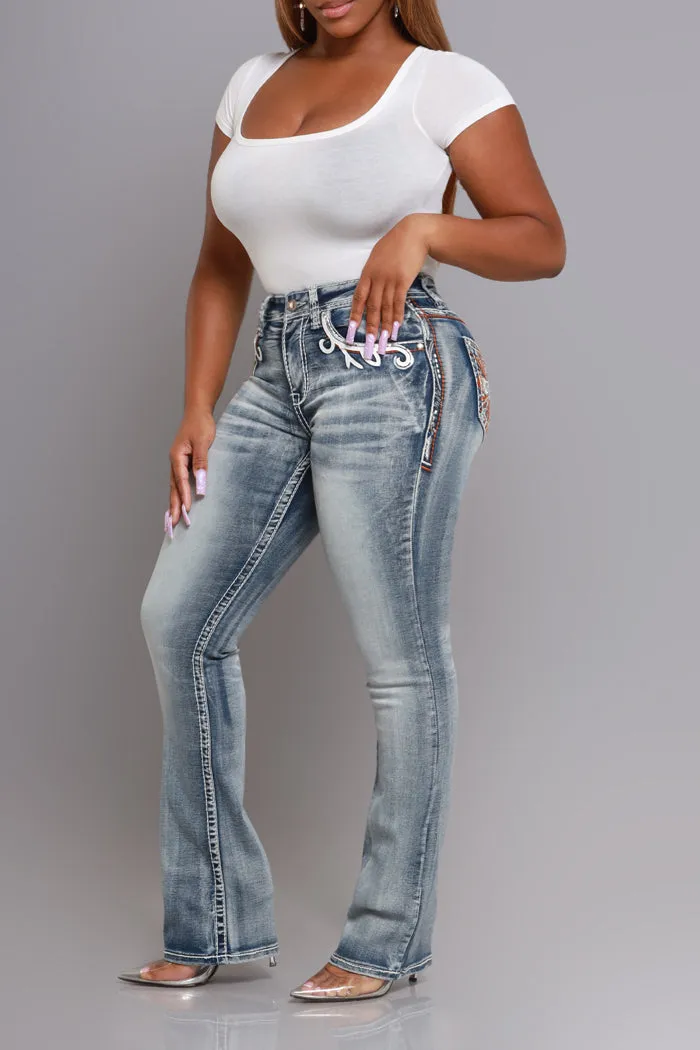 Get Rowdy High Rise Embroidered Straight Leg Jeans - Light Wash