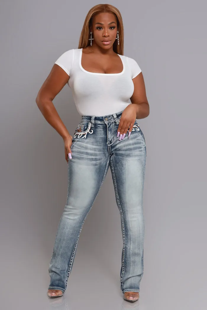 Get Rowdy High Rise Embroidered Straight Leg Jeans - Light Wash