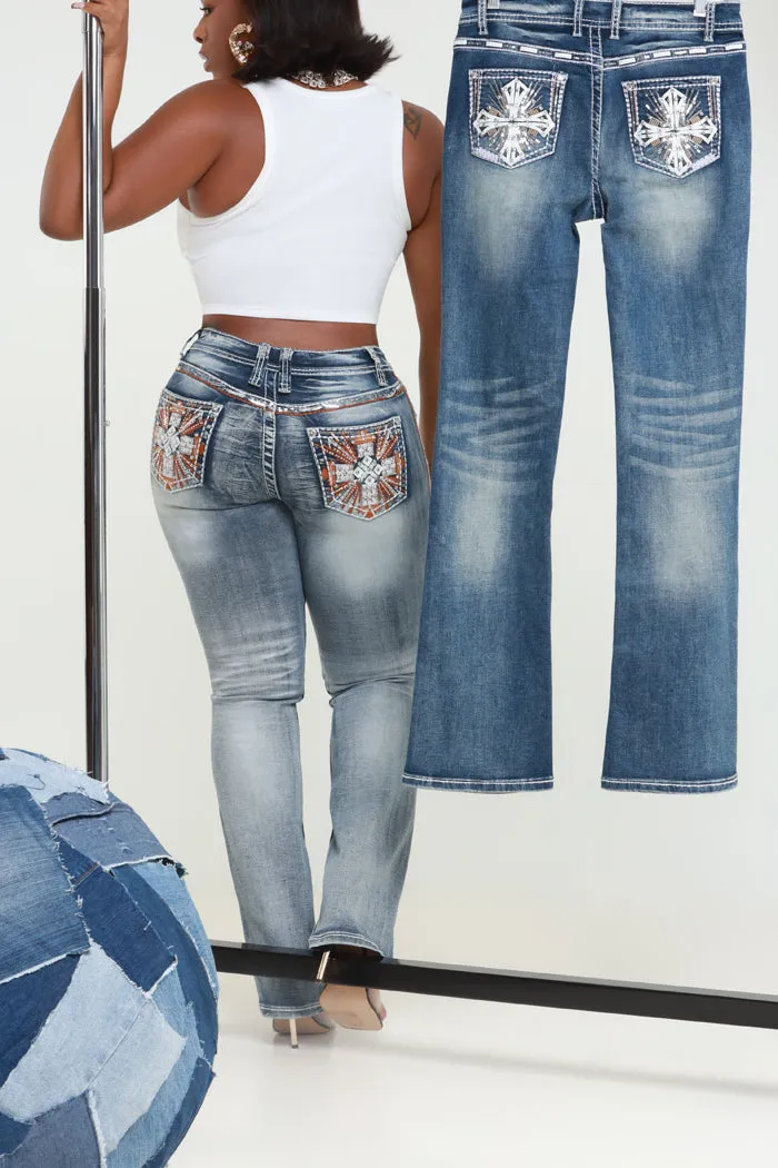 Get Rowdy High Rise Embroidered Straight Leg Jeans - Light Wash