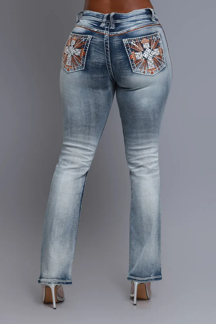 Get Rowdy High Rise Embroidered Straight Leg Jeans - Light Wash