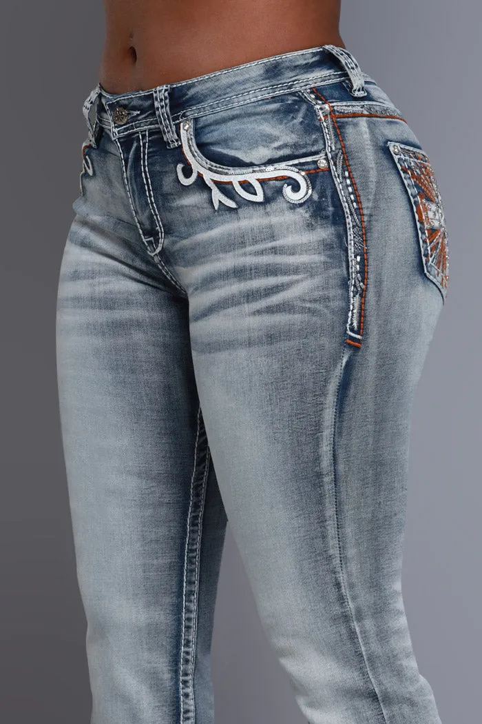 Get Rowdy High Rise Embroidered Straight Leg Jeans - Light Wash