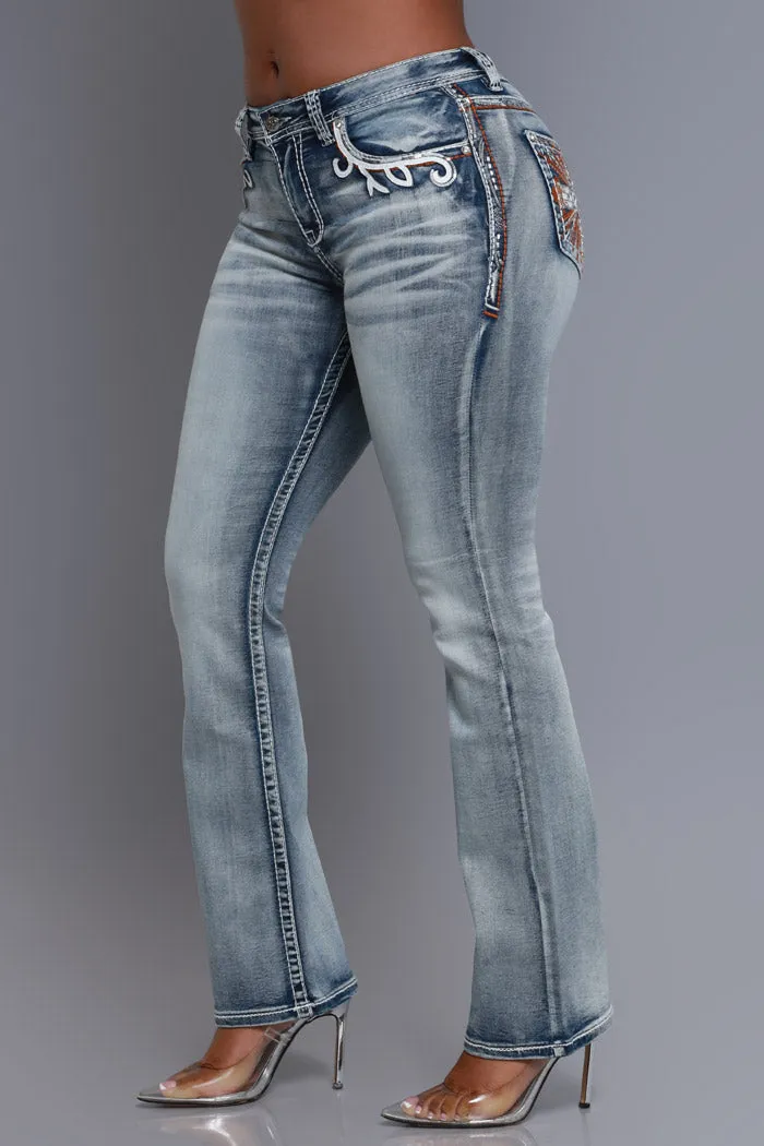 Get Rowdy High Rise Embroidered Straight Leg Jeans - Light Wash