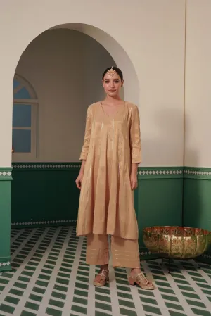Gold Gota Tissue Anarkali and Wide Leg Pants with Rose Gold Gota work for women