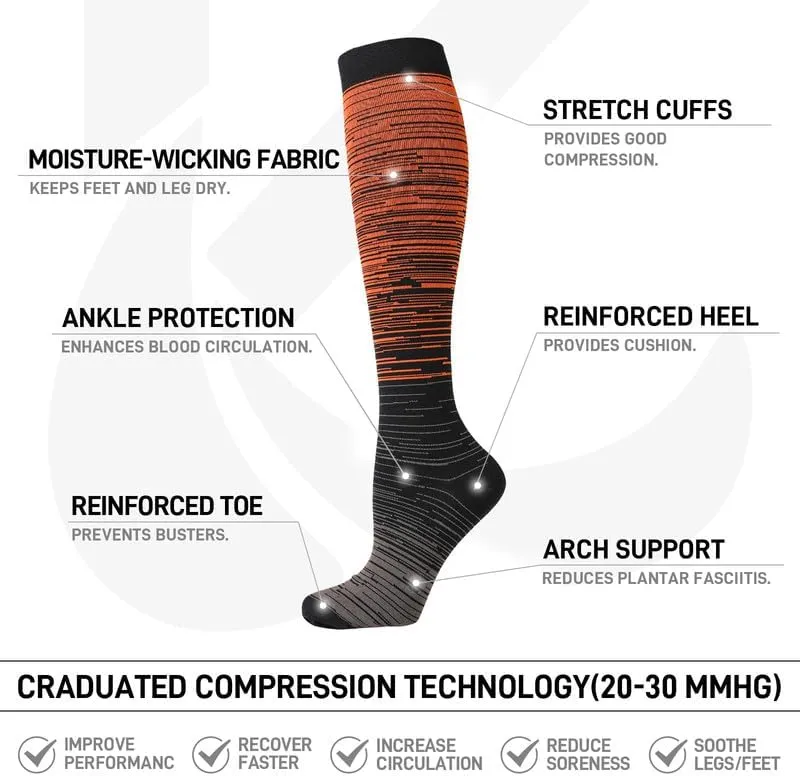 Kickticks 4 Pairs Compression Socks for Woman & Man Unisex 20-30mmHg Knee high Plus Size Wide Calves for Flying Running