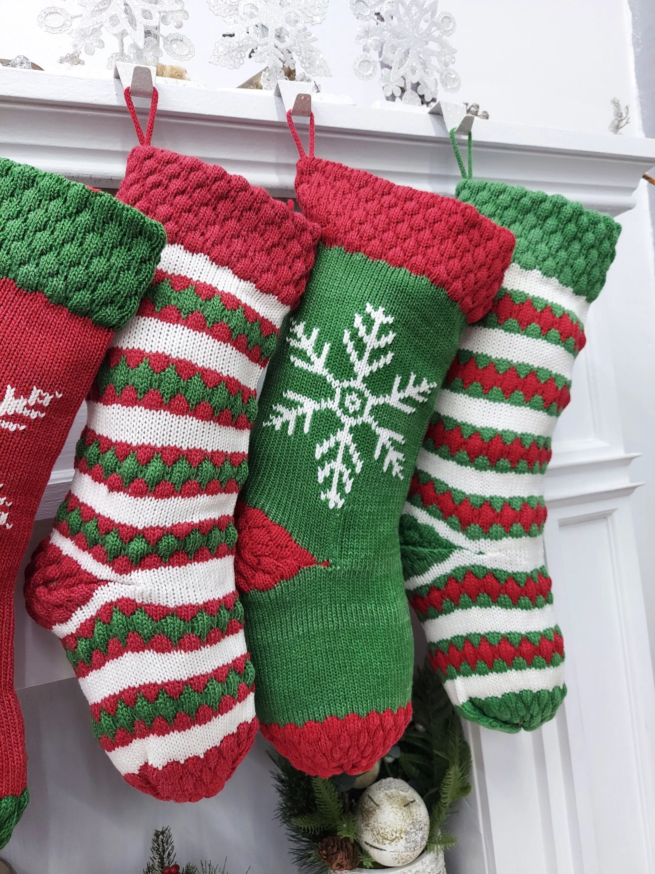 Knitted Striped Snowflake Christmas Stockings | Whimsy Candy Cane Style Festive Red Green White Xmas  Decor Personalized Embroidery Name