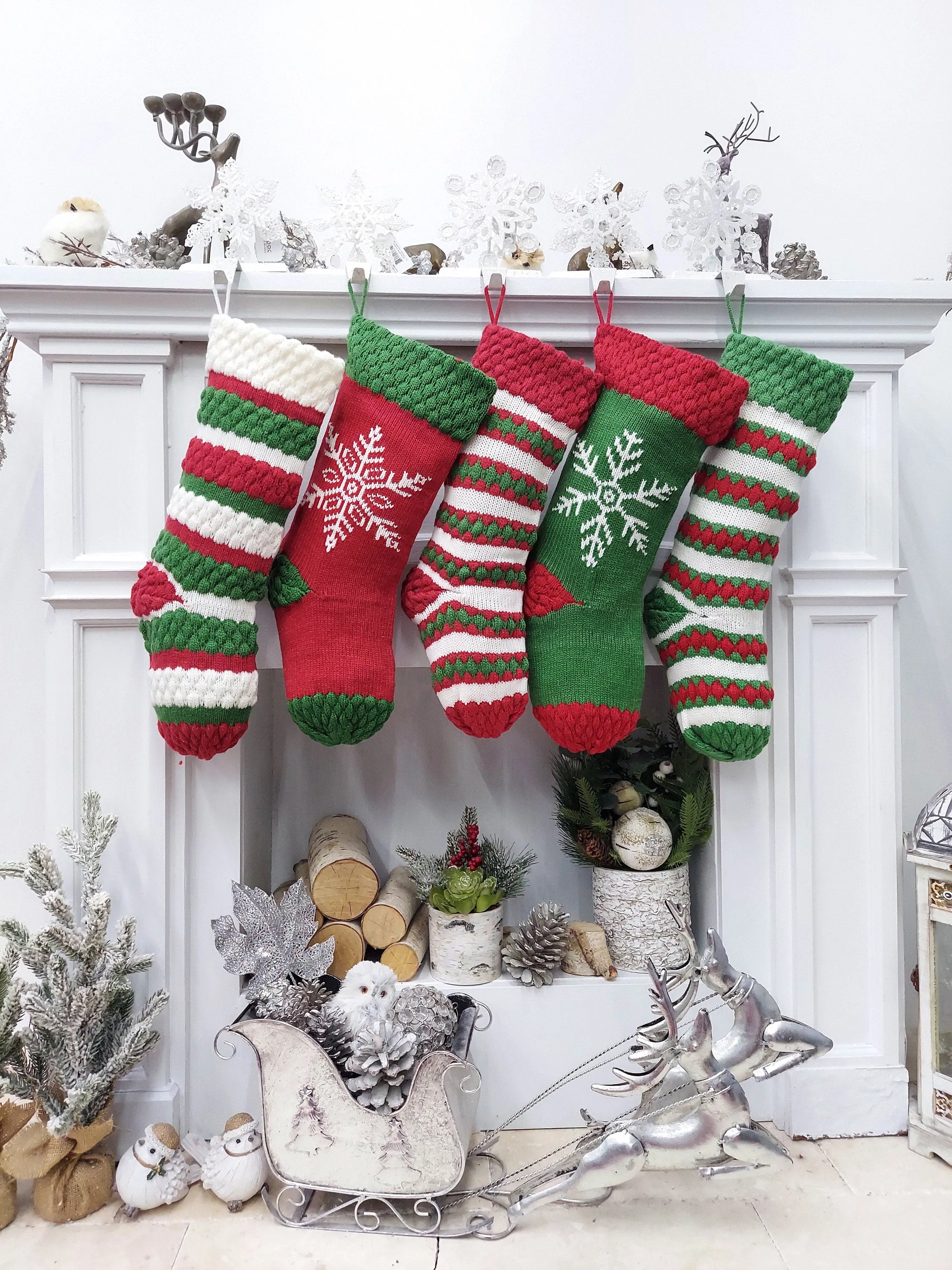 Knitted Striped Snowflake Christmas Stockings | Whimsy Candy Cane Style Festive Red Green White Xmas  Decor Personalized Embroidery Name