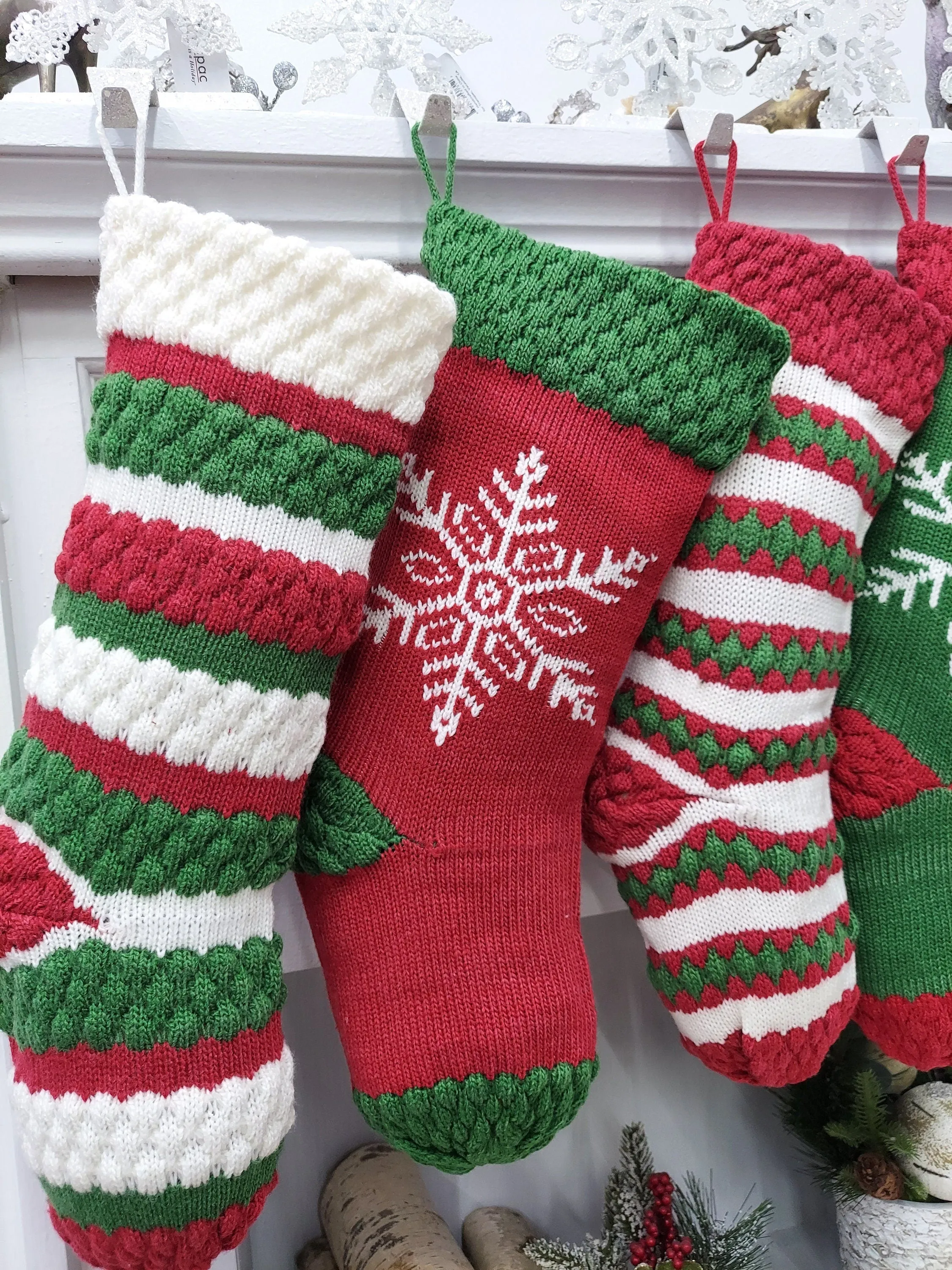 Knitted Striped Snowflake Christmas Stockings | Whimsy Candy Cane Style Festive Red Green White Xmas  Decor Personalized Embroidery Name