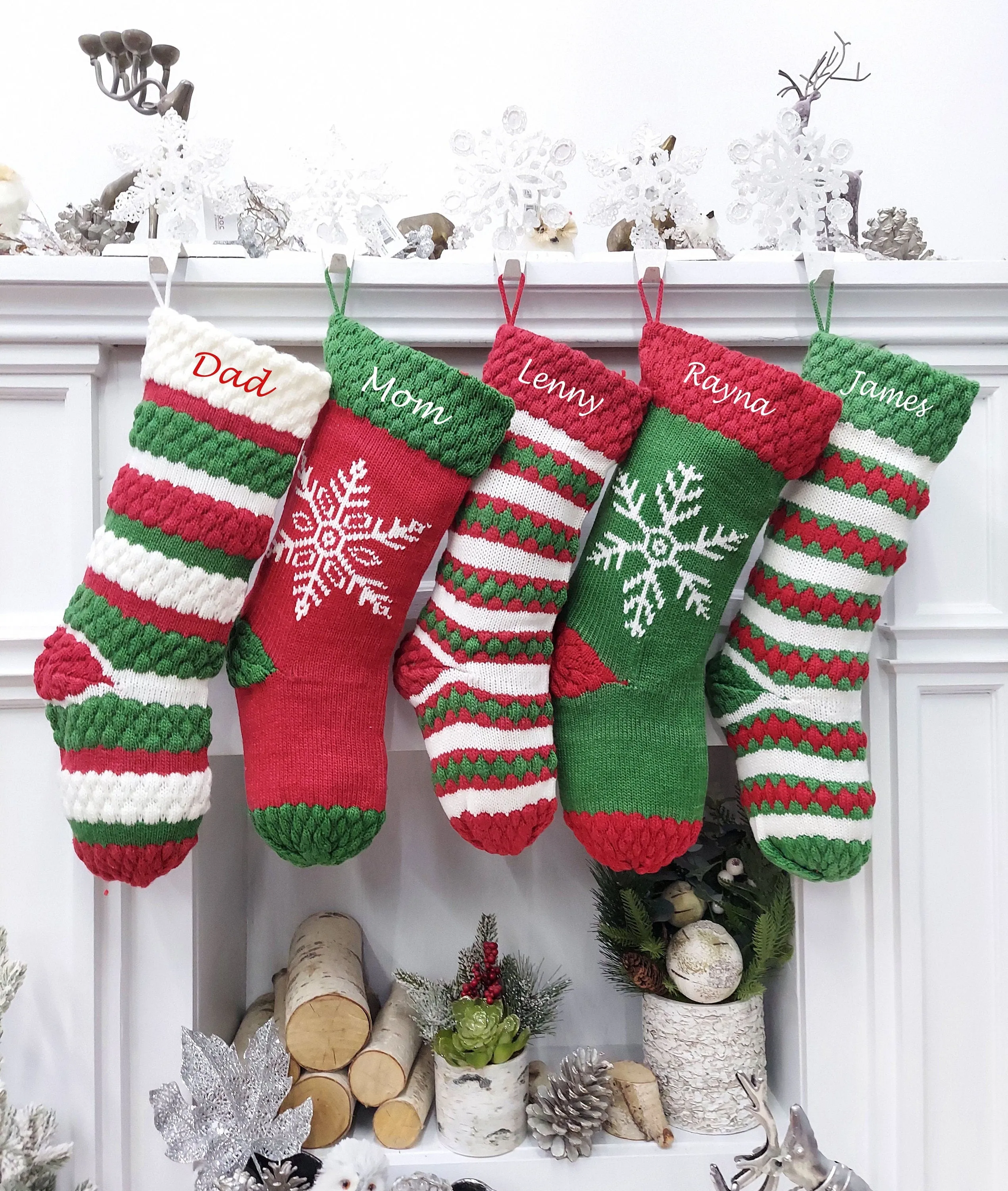 Knitted Striped Snowflake Christmas Stockings | Whimsy Candy Cane Style Festive Red Green White Xmas  Decor Personalized Embroidery Name
