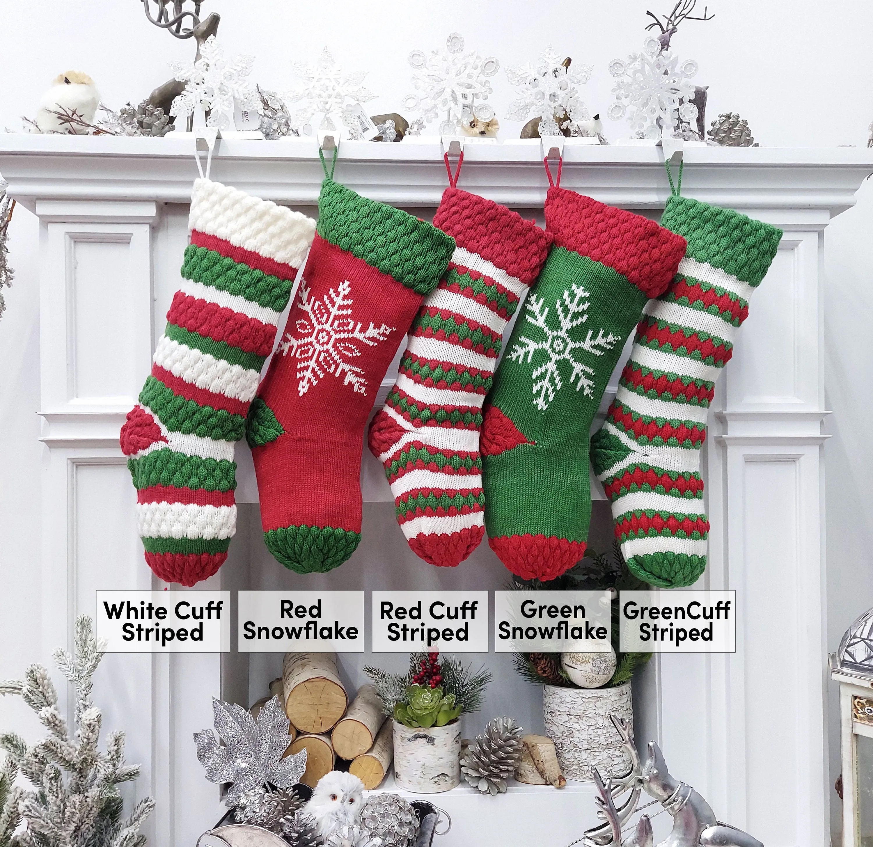Knitted Striped Snowflake Christmas Stockings | Whimsy Candy Cane Style Festive Red Green White Xmas  Decor Personalized Embroidery Name