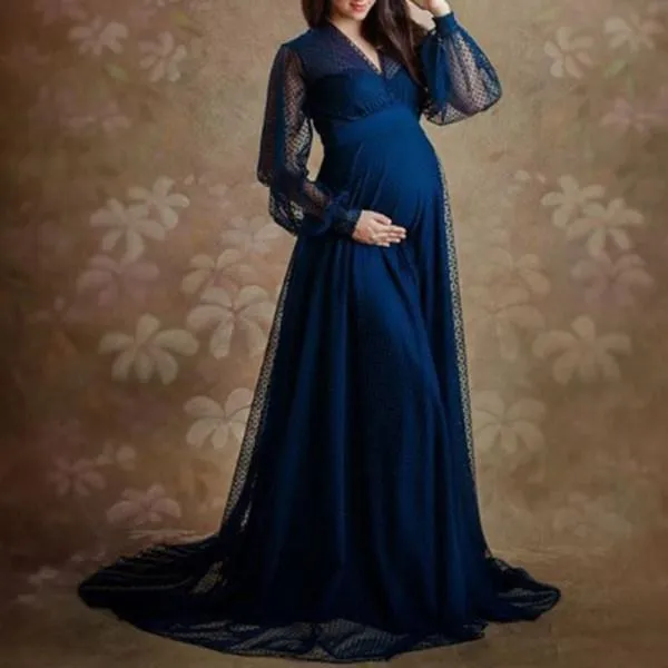 Maternity Shoot Pure Color Fashion Elegant Blue Gown