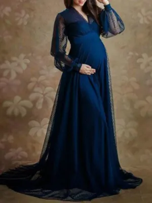 Maternity Shoot Pure Color Fashion Elegant Blue Gown