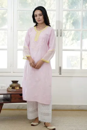 Misty Rose Cotton DobbyChikankari Kurta with Contrast Beadwork and Laces