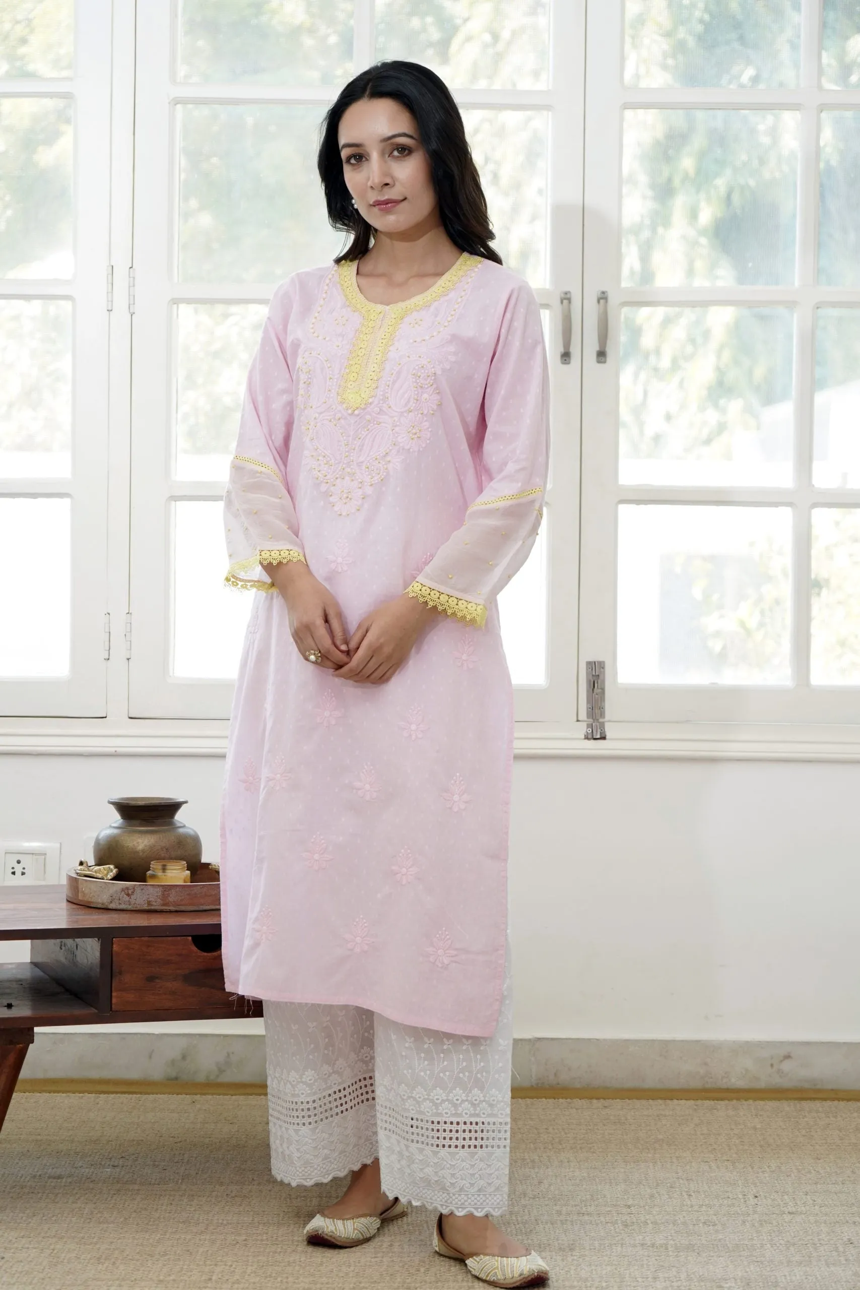 Misty Rose Cotton DobbyChikankari Kurta with Contrast Beadwork and Laces